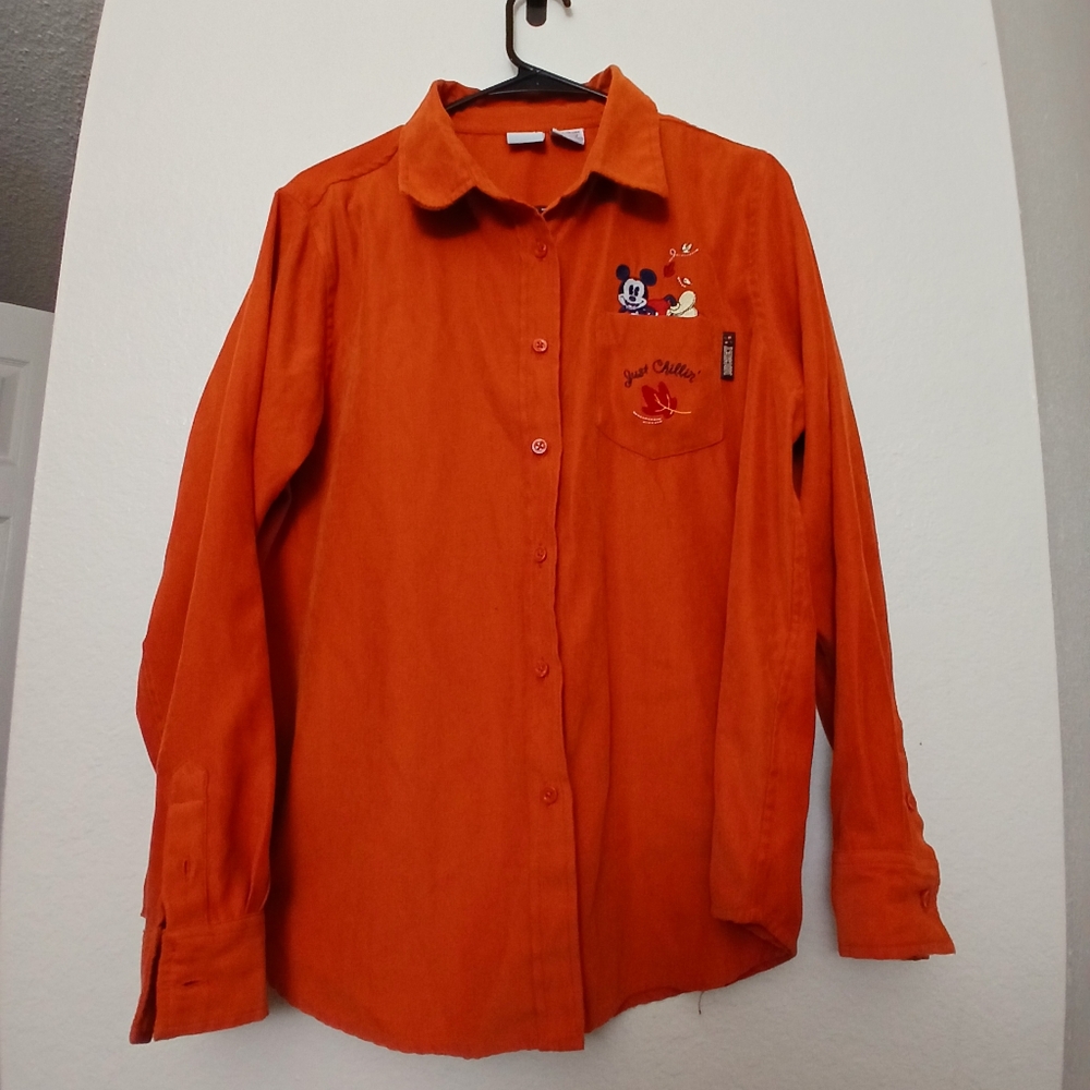 VTG 90s Disney Michkey Mouse Just Chillin Orange Polyester Button Shirt-L